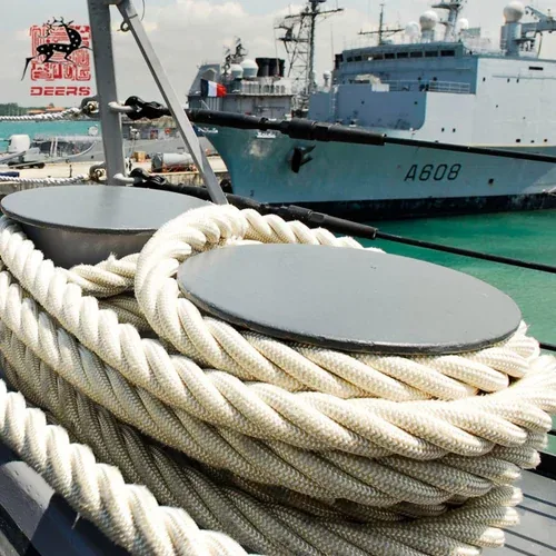 Coiled mooring rope on a bollard on a ship's deck